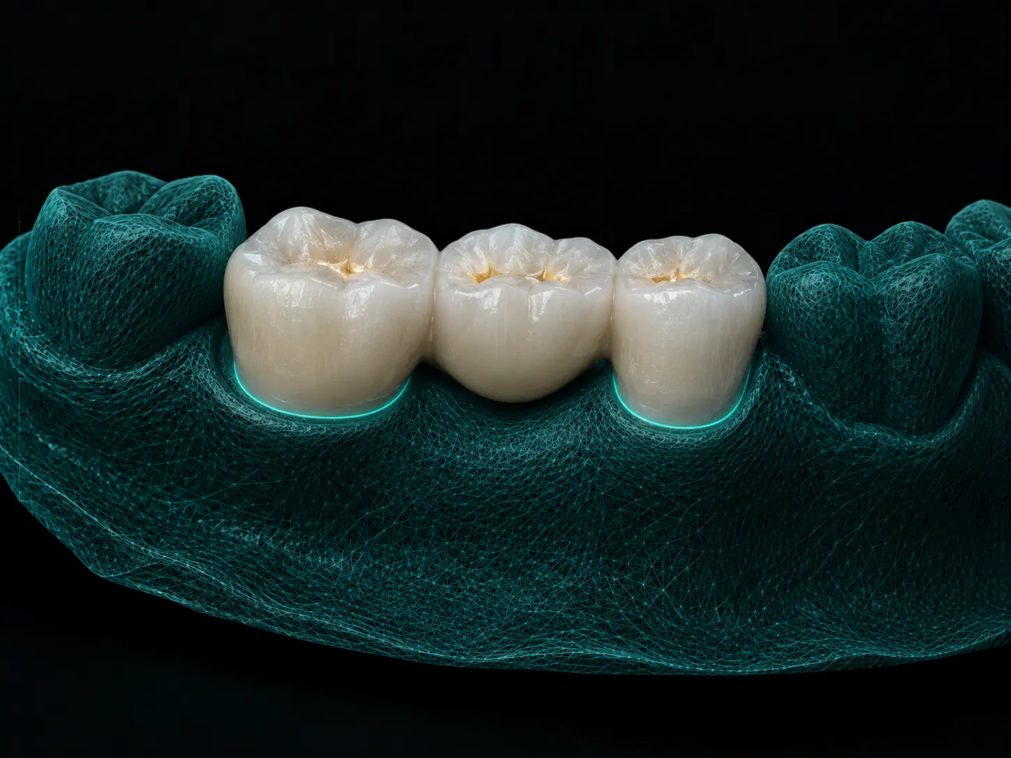 Finished zirconia three-unit posterior bridge seated on the scan mesh