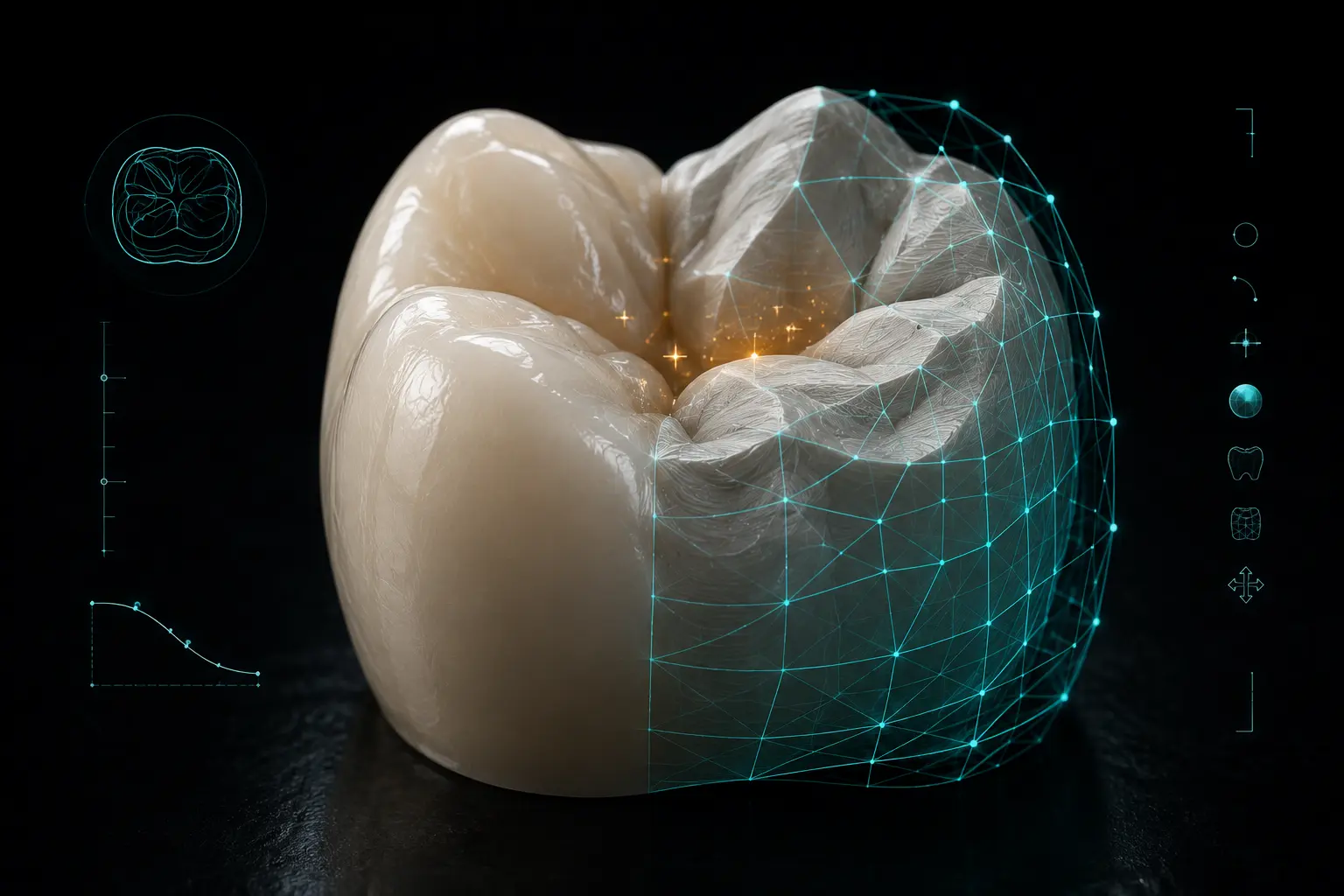 Occlusal anatomy sculpted onto a digitally designed molar, half porcelain and half teal CAD mesh