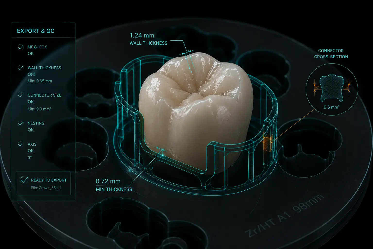 Export and QC panel showing wall thickness, connector size and nesting checks on a zirconia crown